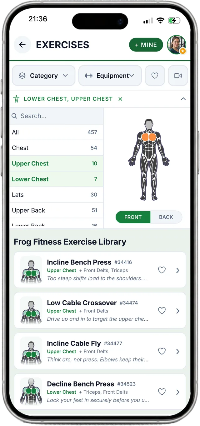 The exercise library in the Frog Fitness app