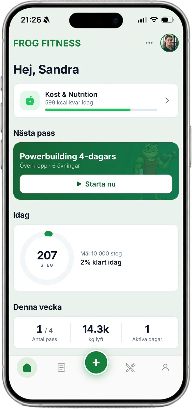 Startskärmen i Frog Fitness-appen