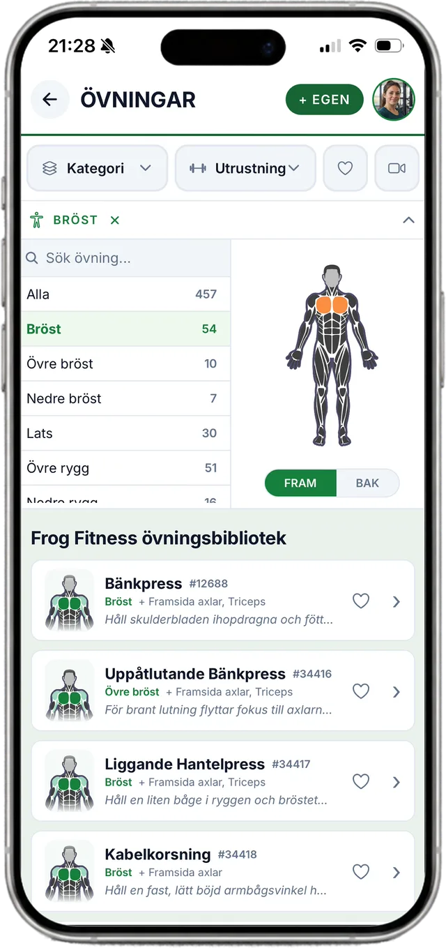 Övningsbiblioteket i Frog Fitness-appen