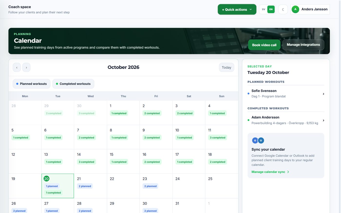 The coach calendar with planned and completed workouts