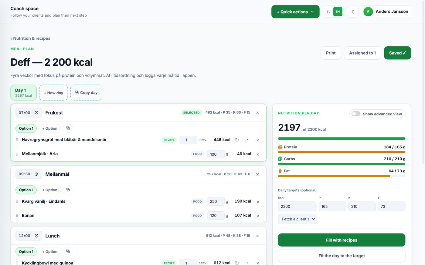 The meal plan builder in the coach space
